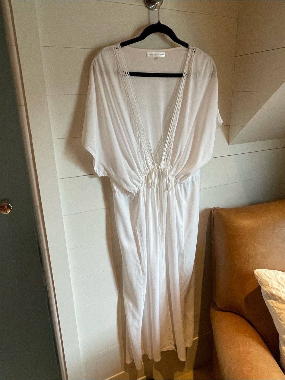 White Lace-Trim V-Neck Swim Coverup with Drawstring Waist